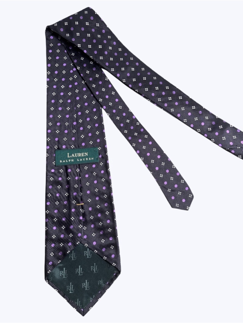Ralph Lauren Black Silk Tie with Purple and White Dots